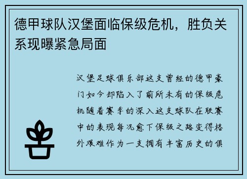 德甲球队汉堡面临保级危机，胜负关系现曝紧急局面
